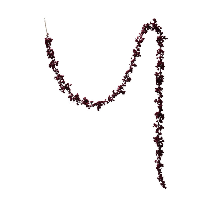 A flocked foam ball garland in burgundy color designed for Christmas decoration.