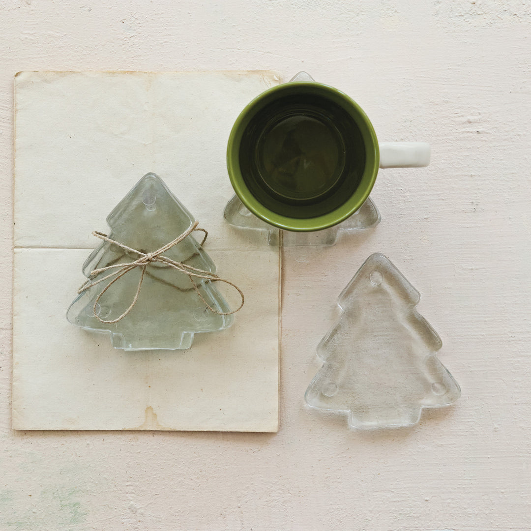 Pressed Glass Tree Shaped Coasters, Set of 4 Tied with Jute