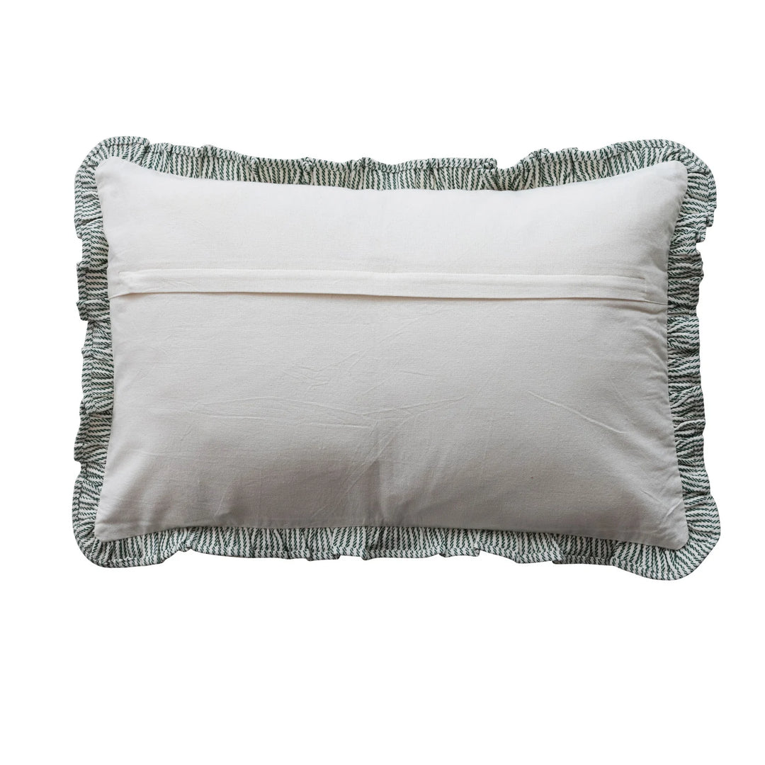 Woven Cotton Striped Lumbar Pillow with Ruffle & Green