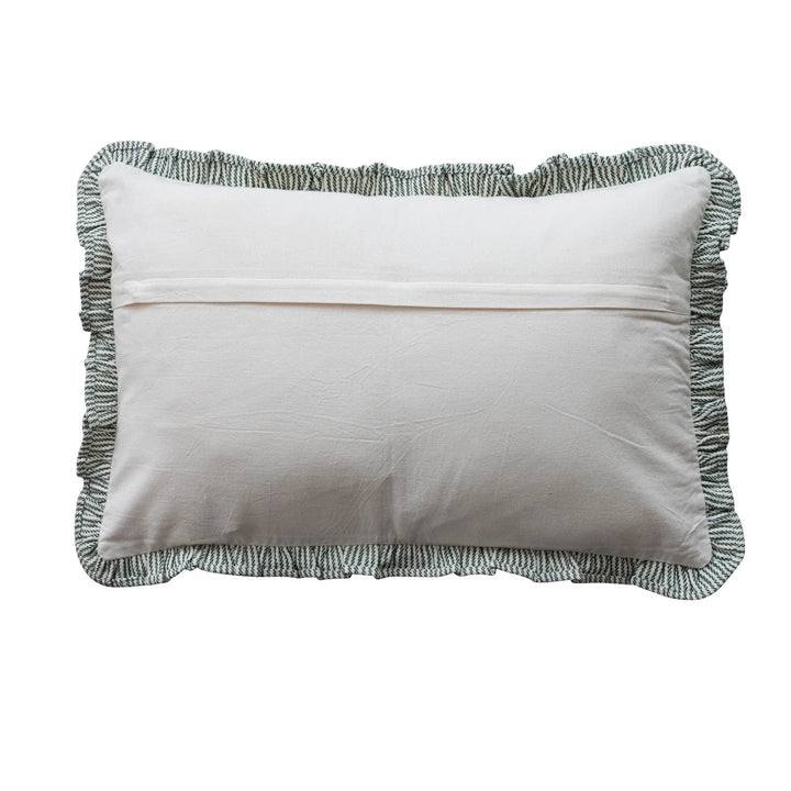 Woven Cotton Striped Lumbar Pillow with Ruffle & Green