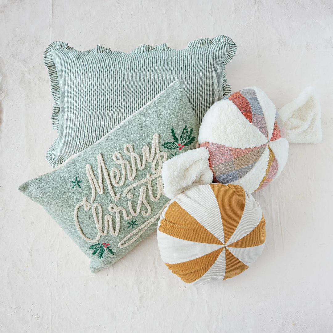 Woven Cotton Striped Lumbar Pillow with Ruffle & Green