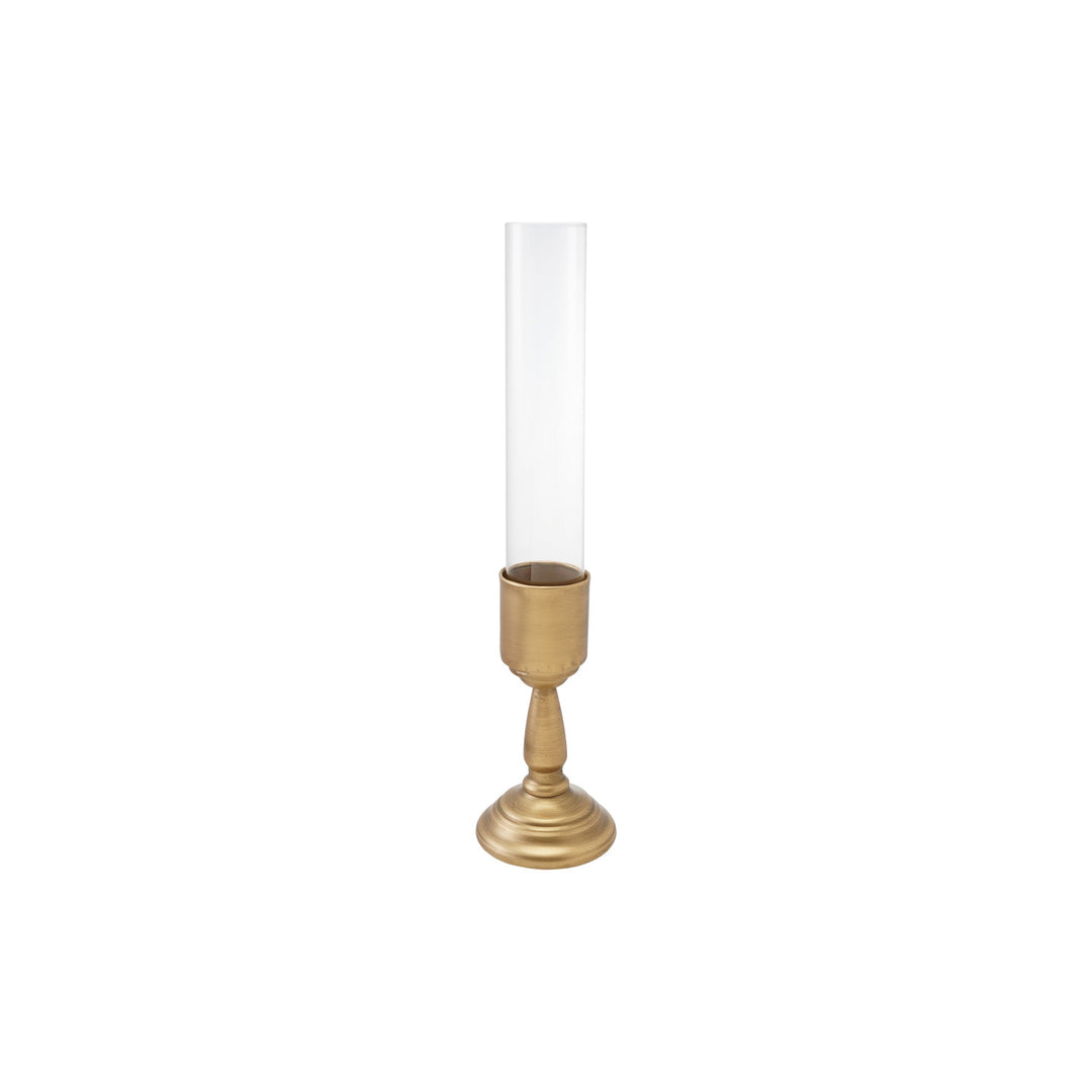 Metal Taper Holder with Glass Hurricane, Gold Finish, Set of 2