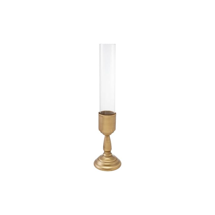 Metal Taper Holder with Glass Hurricane, Gold Finish, Set of 2