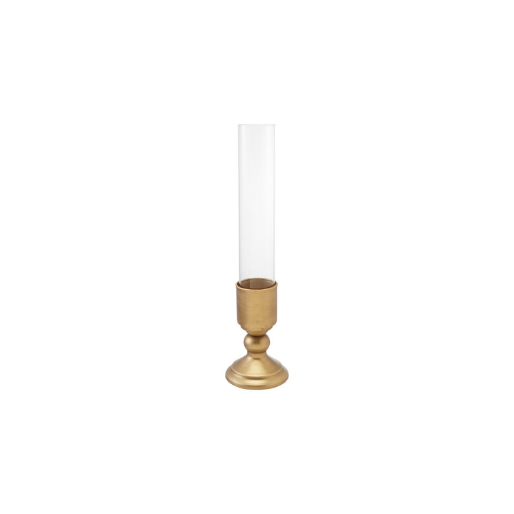 Metal Taper Holder with Glass Hurricane, Gold Finish, Set of 2