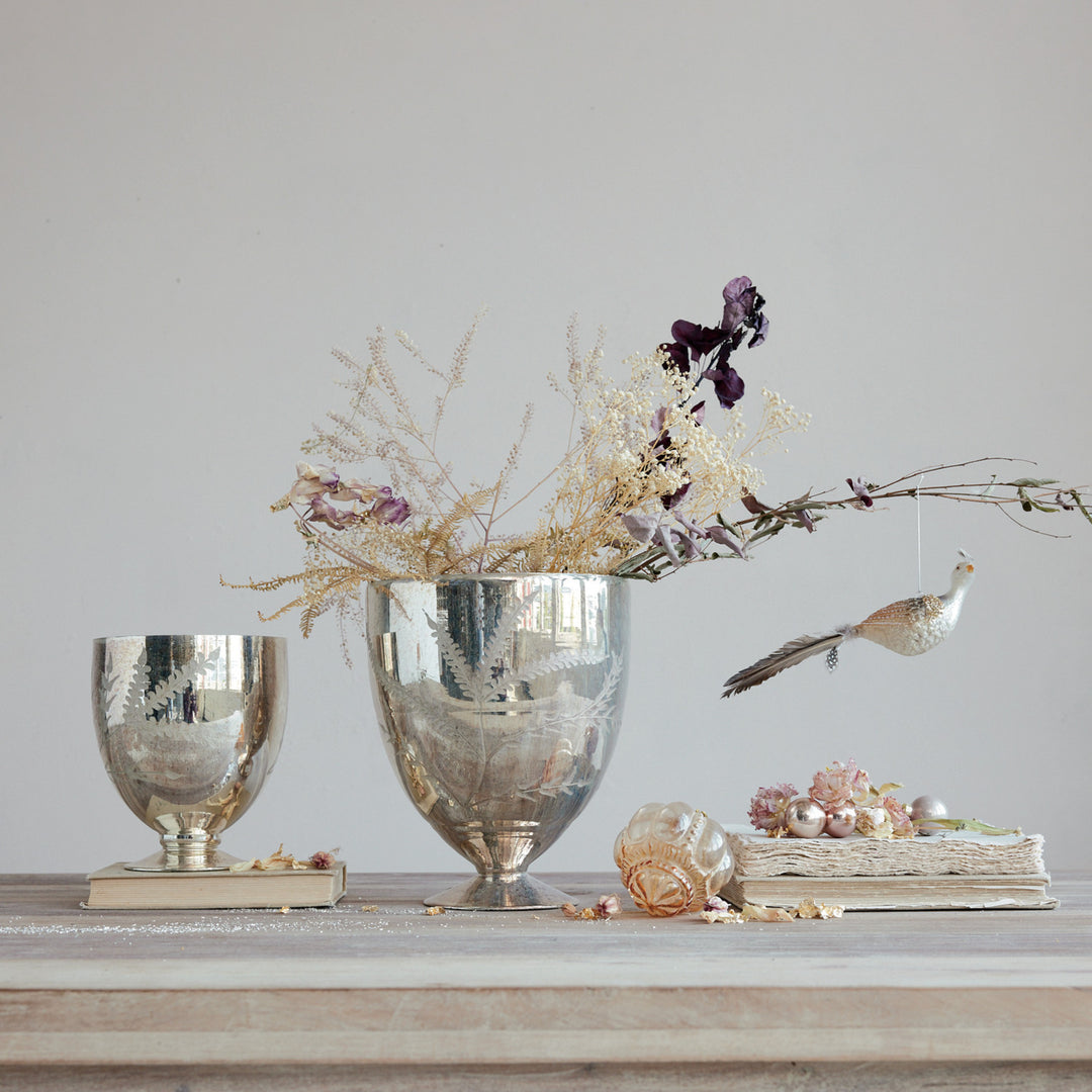 Etched Mercury Glass Footed Vase, Antique Silver Finish