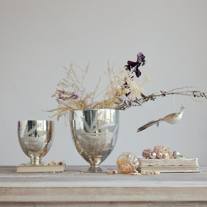 Etched Mercury Glass Footed Vase, Antique Silver Finish