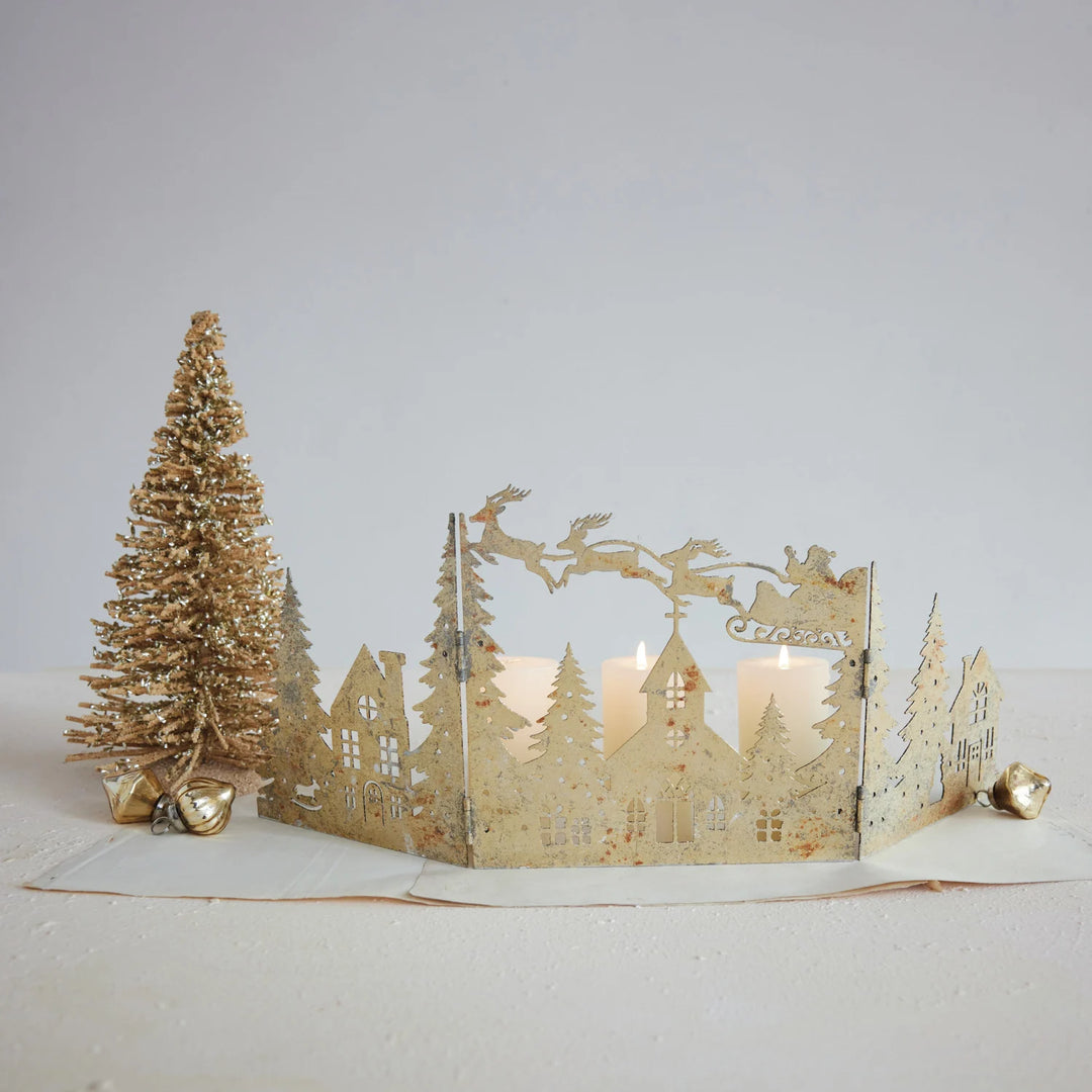 Metal Folding Mantle Scene with Santa, Sleigh & Village, Distressed Gold Finish