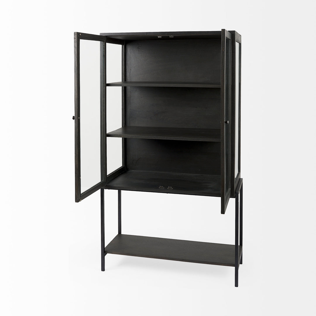 Black Wood Display Cabinet with Metal Stand