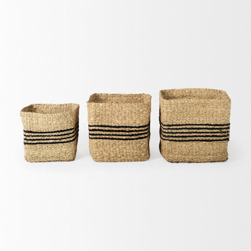 Square twisted seagrass baskets, finished in a gray tone.