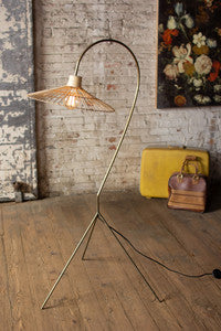 Antique Brass Finish Floor Lamp with Rattan Umbrella