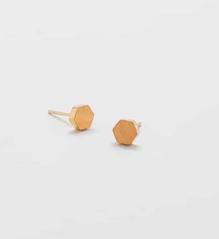 Gold Solid Hexagon Stud Earrings