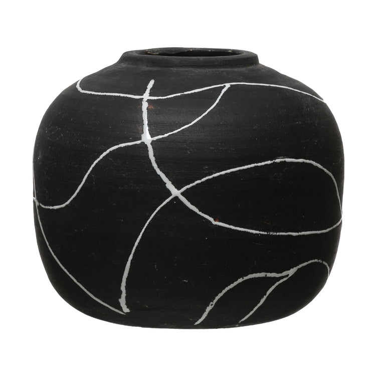 Terra-Cotta Vase, Black & White Hand Painted